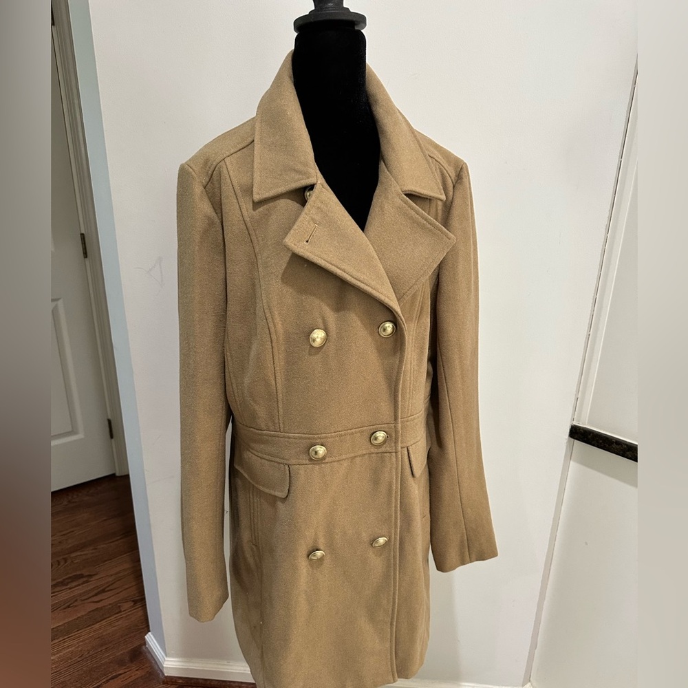 New York & Company Tan Double-Breasted Pea Coat